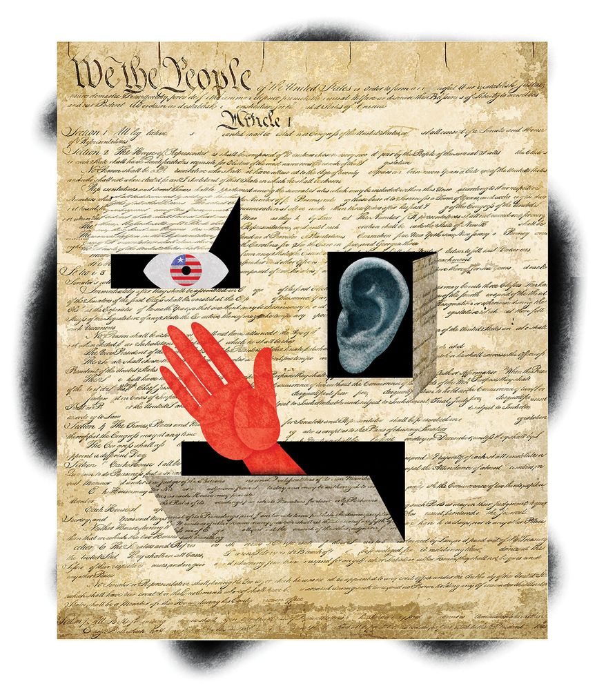U.S. Constitution and domestic spying illustration by Alexander Hunter/The Washington Times