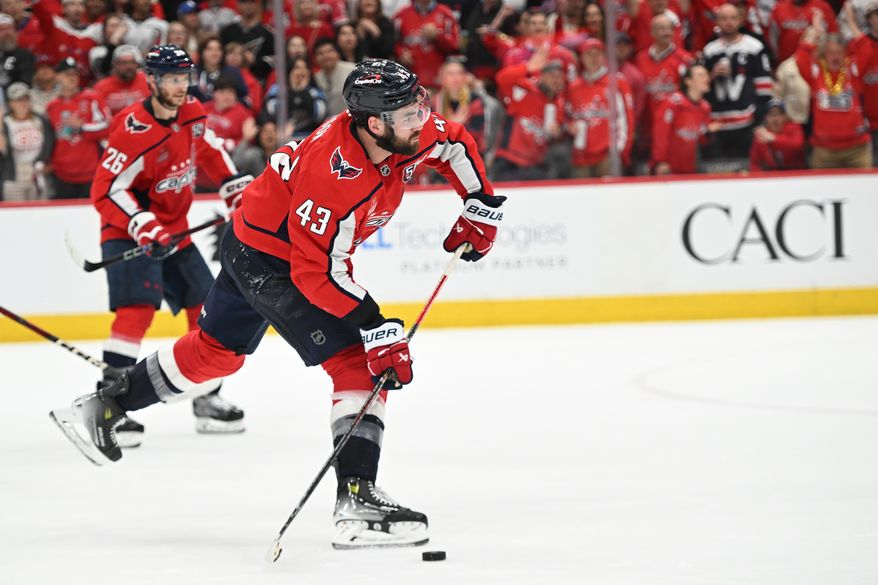 Washington Capitals right wing Tom Wilson (43) shooting on an empty net and scoring during the third period of an NHL playoff game against the Carolina Hurricanes at Capital One Arena in Washington D.C., May 8, 2025. (Photo for the Washington Times)
