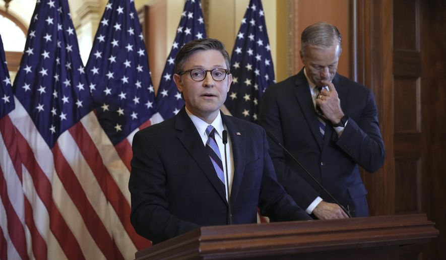 Speaker of the House Mike Johnson, R-La., left, and Senate Majority Leader John Thune, R-S.D., make statements to reporters ahead of vote in the House to pass a bill on President Donald Trump's top domestic priorities of spending reductions and tax breaks, at the Capitol in Washington, Thursday, April 10, 2025. (AP Photo/J. Scott Applewhite) **FILE**