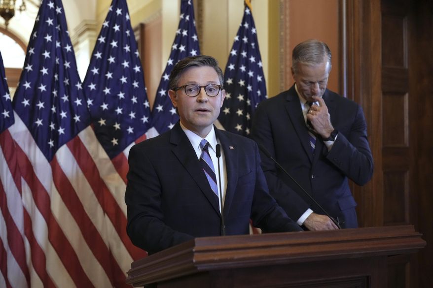 Speaker of the House Mike Johnson, R-La., left, and Senate Majority Leader John Thune, R-S.D., make statements to reporters ahead of vote in the House to pass a bill on President Donald Trump's top domestic priorities of spending reductions and tax breaks, at the Capitol in Washington, Thursday, April 10, 2025. (AP Photo/J. Scott Applewhite) **FILE**