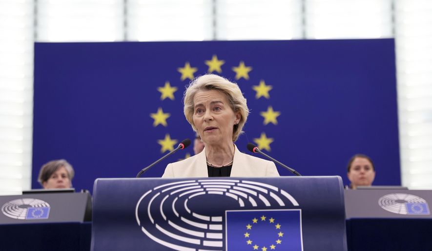 European Commission President Ursula Von der Leyen delivers her speech on EU support for peace in Ukraine, Wednesday, May 7, 2025 at the European Parliament in Strasbourg, eastern France. (AP Photo/Antonin Utz) ** FILE **