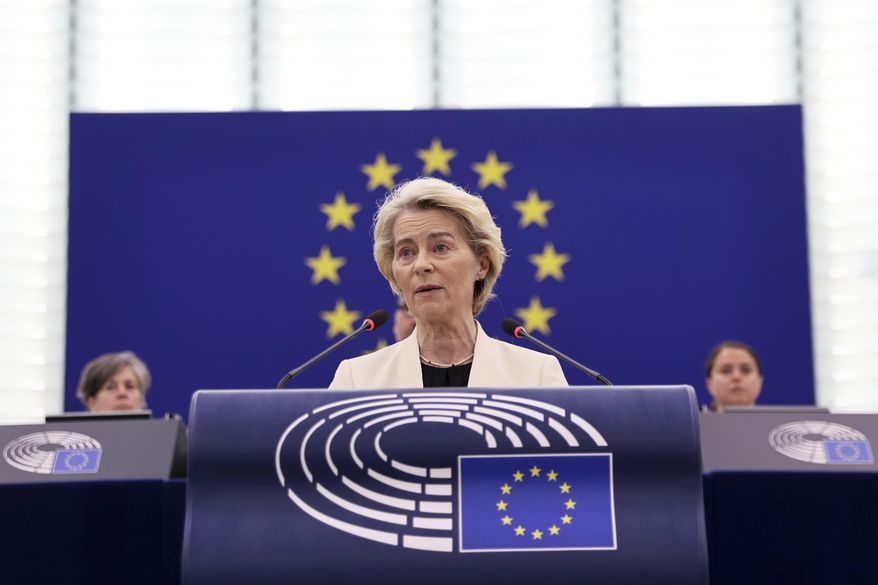 European Commission President Ursula Von der Leyen delivers her speech on EU support for peace in Ukraine, Wednesday, May 7, 2025 at the European Parliament in Strasbourg, eastern France. (AP Photo/Antonin Utz) ** FILE **