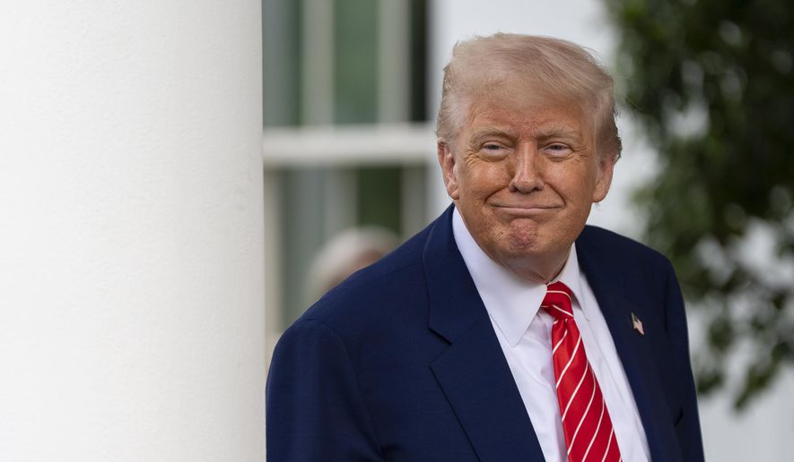 President Donald Trump speaks with reporters in front of the West Wing of the White House, Thursday, May 8, 2025, in Washington. (AP Photo/Alex Brandon)
