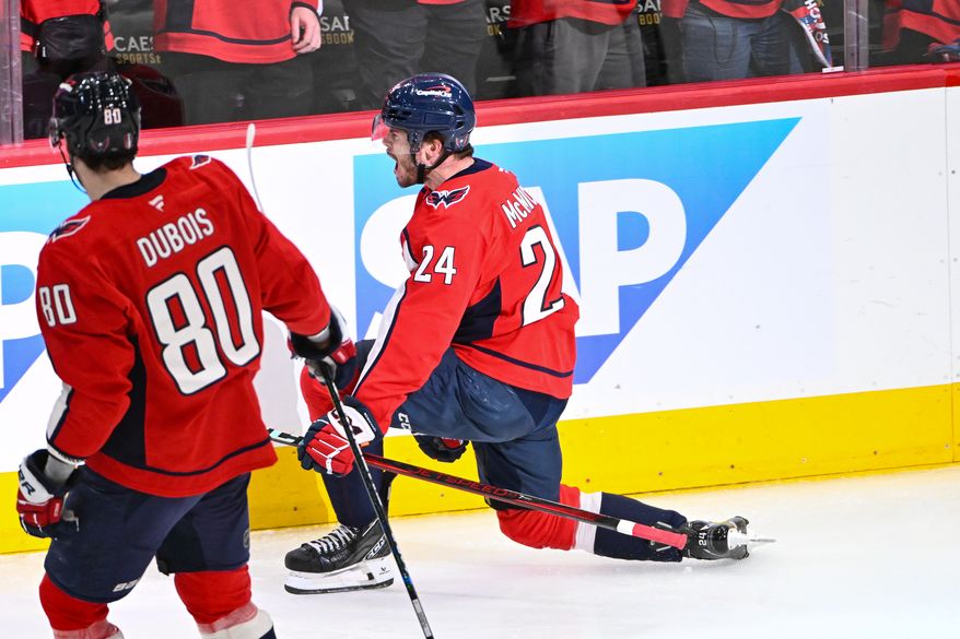 Washington Capitals center Connor McMichael (24) celebrating after scoring a goal during the second period of an NHL playoff game against the Carolina Hurricanes at Capital One Arena in Washington D.C., May 8, 2025. (Photo for the Washington Times)