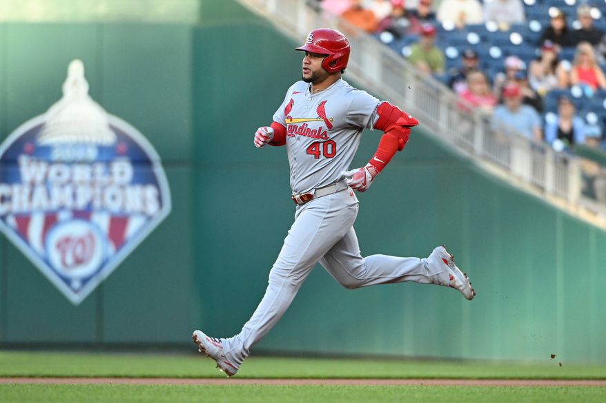 St. Louis Cardinals first baseman Willson Contreras (40) running to second base after hitting a double during the first inning of an MLB game against the Washington Nationals at Nationals Park in Washington D.C., May 9, 2025. (Photo by All-Pro Reels for Washington Times Sports)