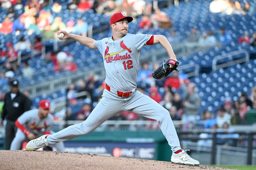 St. Louis Cardinals starting pitcher Erick Fedde (12) throwing a pitch during the first inning of an MLB game against the Washington Nationals at Nationals Park in Washington D.C., May 9, 2025. (Photo by All-Pro Reels for Washington Times Sports)