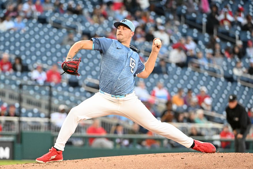 Washington Nationals starting pitcher Mitchell Parker (70) throwing a pitch during the second inning of an MLB game against the St. Louis Cardinals at Nationals Park in Washington D.C., May 9, 2025. (Photo by All-Pro Reels for Washington Times Sports)