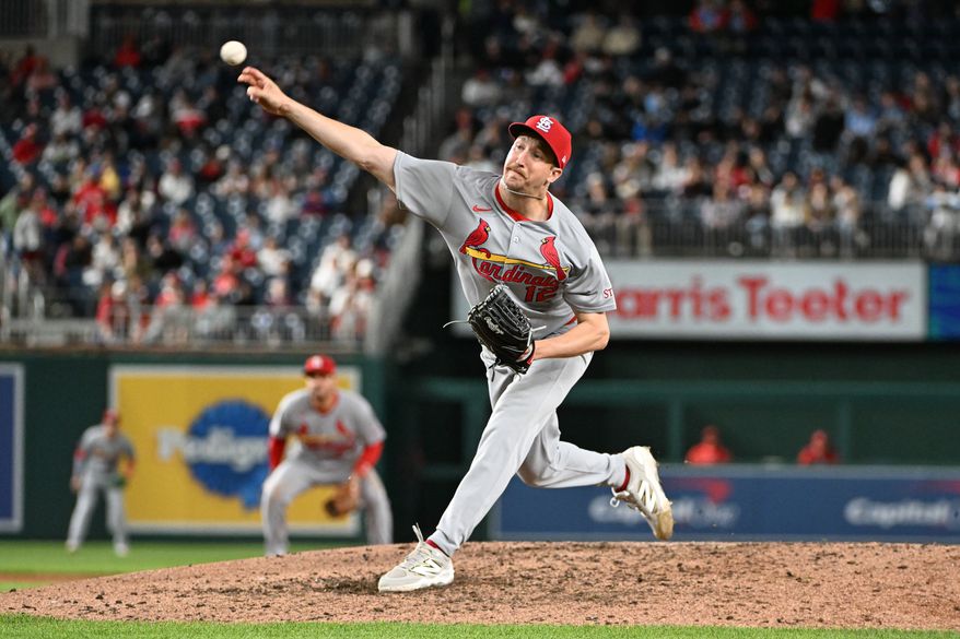St. Louis Cardinals starting pitcher Erick Fedde (12) throwing a pitch during the eighth inning of an MLB game against the Washington Nationals at Nationals Park in Washington D.C., May 9, 2025. (Photo by All-Pro Reels for Washington Times Sports)