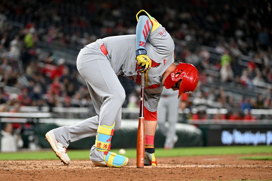 St. Louis Cardinals left fielder Lars Nootbaar (21) writhing in pain after fouling a ball off during the eighth inning of an MLB game against the Washington Nationals at Nationals Park in Washington D.C., May 9, 2025. (Photo by All-Pro Reels for Washington Times Sports)