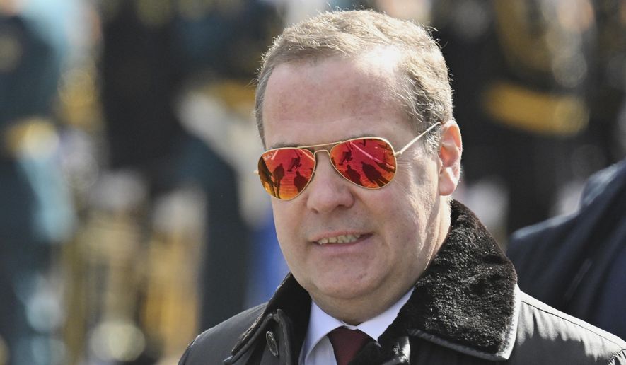 Russian Security Council Deputy Chairman and the head of the United Russia party Dmitry Medvedev attends the Victory Day military parade in Moscow, Russia, Friday, May 9, 2025, during celebrations of the 80th anniversary of the Soviet Union's victory over Nazi Germany during World War II. (Ilya Pitalev/Photo host agency RIA Novosti via AP) ** FILE **