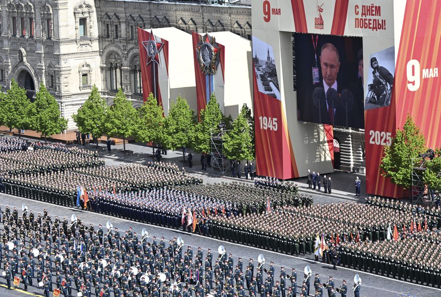 Russian servicemen take part in the Victory Day military parade in Moscow, Russia, Friday, May 9, 2025, marking the 80th anniversary of the Soviet Union's victory over Nazi Germany during the World War II. (Maxim Bogovid/Photo host agency RIA Novosti via AP)