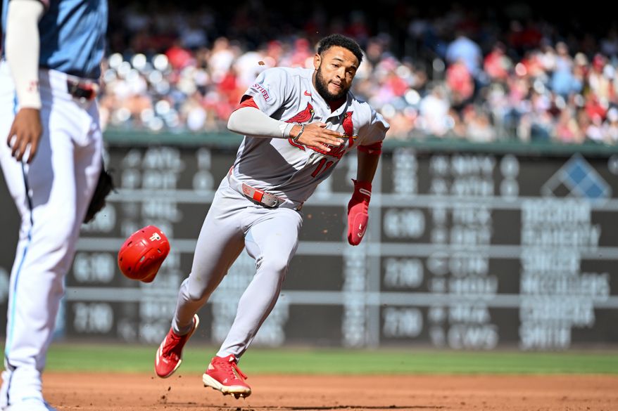 St. Louis Cardinals centerfielder Victor Scott II (11) about to round third and head home on Lars Nootbaar’s double during the second inning of an MLB game against the Washington Nationals at Nationals Park in Washington D.C., May 10, 2025. (Photo by All-Pro Reels for Washington Times Sports)