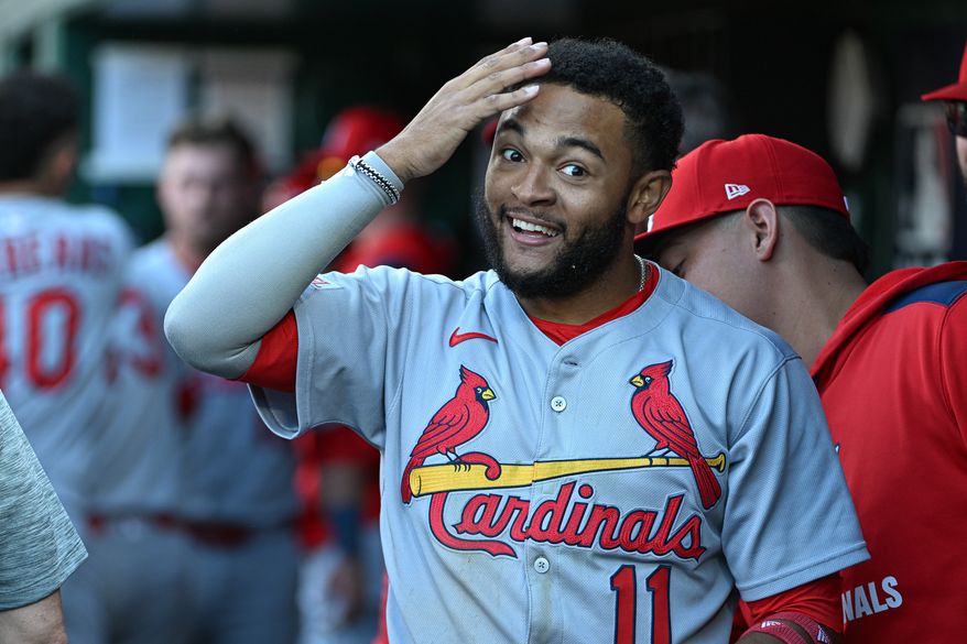 St. Louis Cardinals centerfielder Victor Scott II (11) in the dugout after scoring on Lars Nootbaar’s double during the second inning of an MLB game against the Washington Nationals at Nationals Park in Washington D.C., May 10, 2025. (Photo by All-Pro Reels for Washington Times Sports)