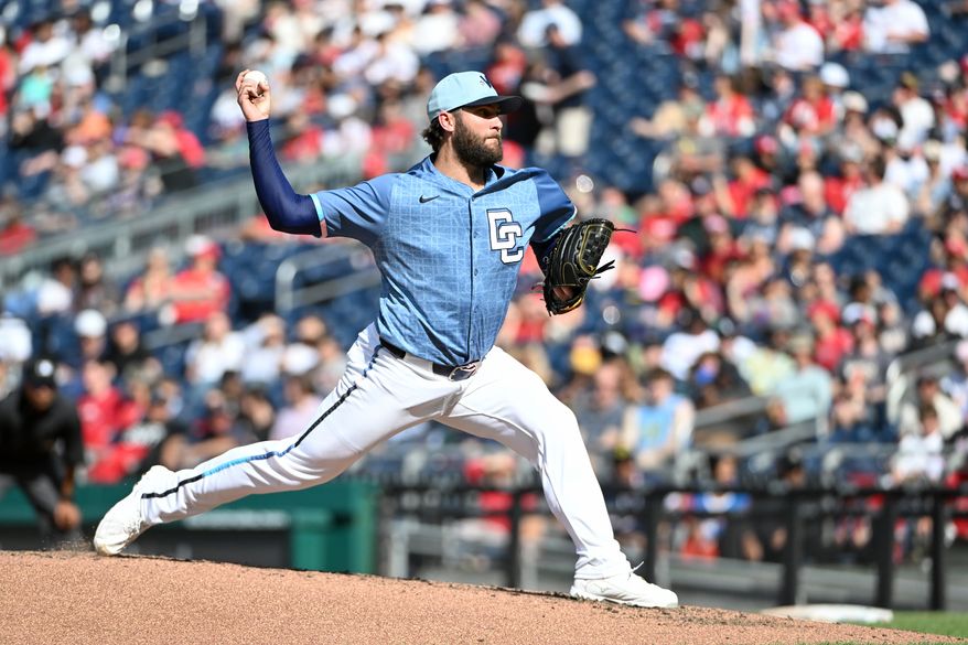 Washington Nationals starting pitcher Mitchell Parker (70) trowing a pitch during the second inning of an MLB game against the St. Louis Cardinals at Nationals Park in Washington D.C., May 10, 2025. (Photo by All-Pro Reels for Washington Times Sports)