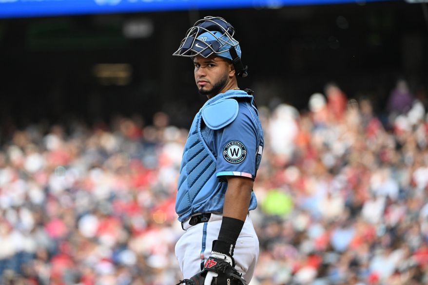 Washington Nationals catcher Keibert Ruiz (20) on the field during a break in the action during the eighth inning of an MLB game against the St. Louis Cardinals at Nationals Park in Washington D.C., May 10, 2025. (Photo by All-Pro Reels for Washington Times Sports)
