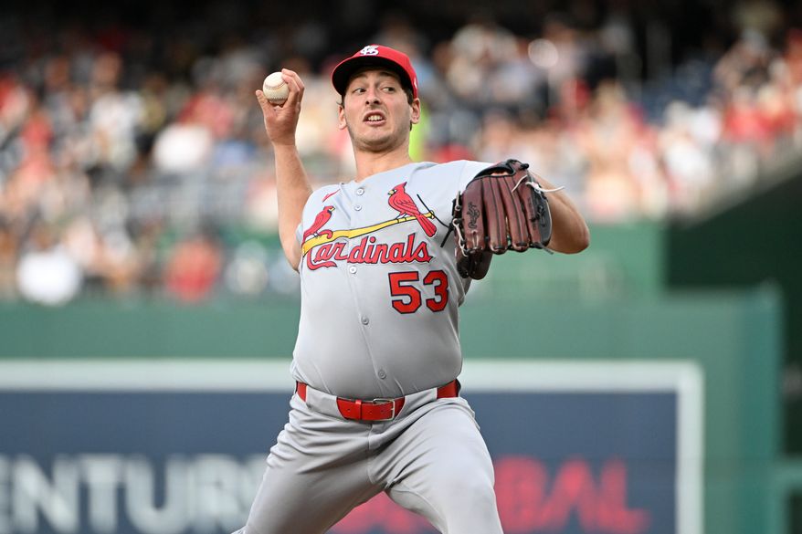 St. Louis Cardinals starting pitcher Andre Pallante (53) throwing a pitch during the eighth inning of an MLB game against the Washington Nationals at Nationals Park in Washington D.C., May 10, 2025. (Photo by All-Pro Reels for Washington Times Sports)