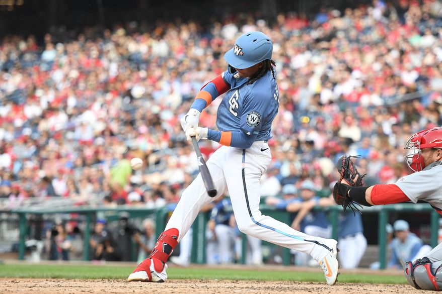 Washington Nationals shortstop C.J. Abrams (5) hitting a double during the eighth inning of an MLB game against the Washington Nationals at Nationals Park in Washington D.C., May 10, 2025. (Photo by All-Pro Reels for Washington Times Sports)