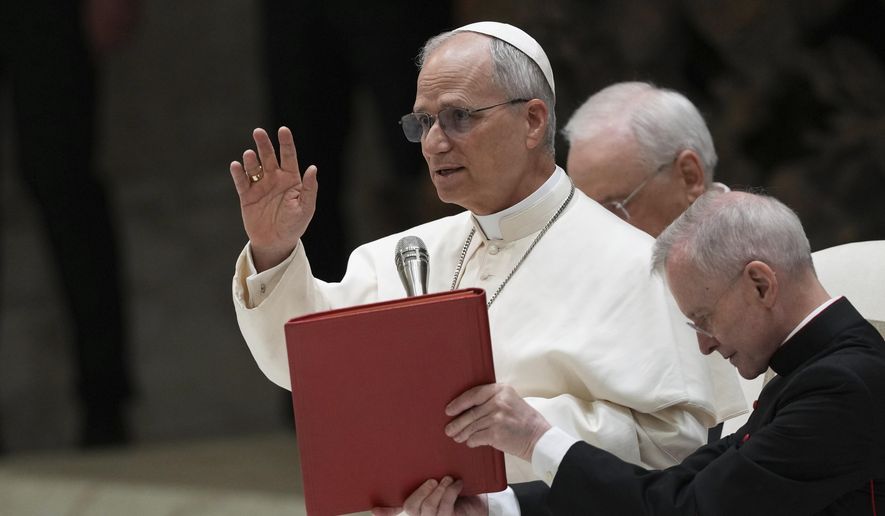 Pope Leo XIV meets members of the international media in the Paul VI Hall at the Vatican, Tuesday, May 13, 2025. (AP Photo/Domenico Stinellis)