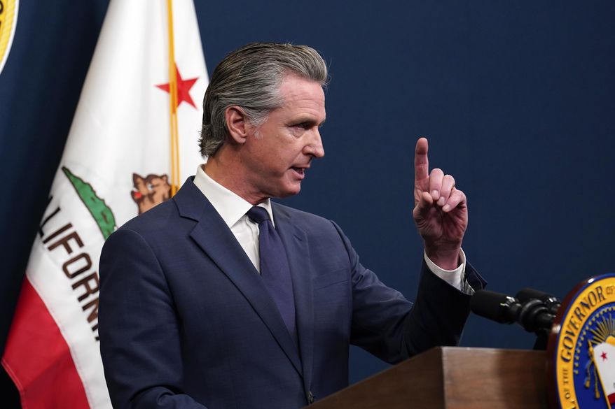 CORRECTS BUDGET DATES Calif. Gov. Gavin Newsom presents his revised 2025-2026 state budget during a news conference in Sacramento, Calif., Wednesday, May 14, 2025. (AP Photo/Rich Pedroncelli)