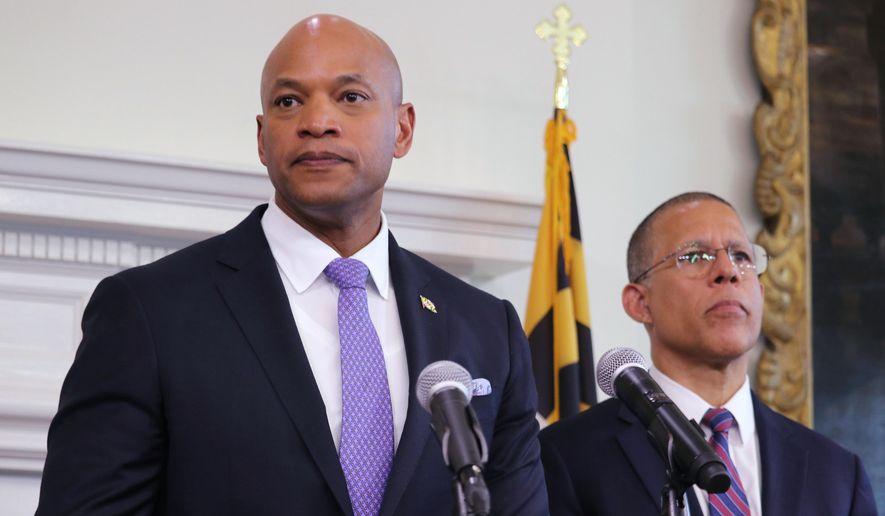 Maryland Gov. Wes Moore (left) speaks at a news conference on Thursday, May 15, 2025, in Annapolis, Md., as Maryland Attorney General Anthony Brown stands next to him. (AP Photo/Brian Witte) ** FILE **