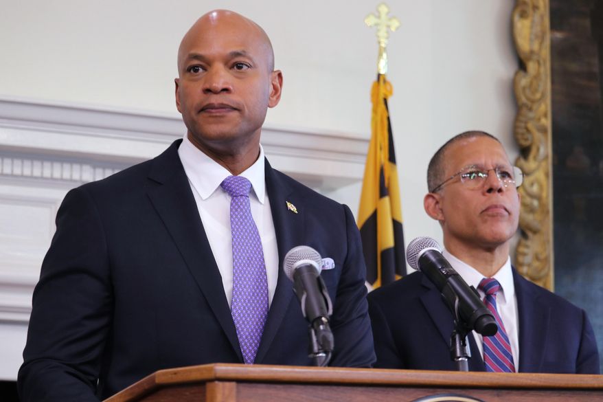 Maryland Gov. Wes Moore (left) speaks at a news conference on Thursday, May 15, 2025, in Annapolis, Md., as Maryland Attorney General Anthony Brown stands next to him. (AP Photo/Brian Witte) ** FILE **