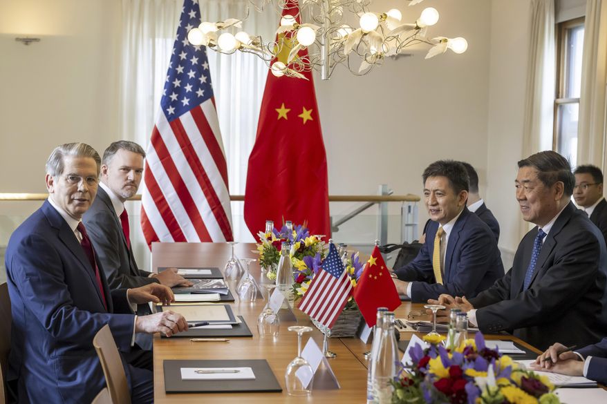 U.S. Secretary of the Treasury Scott Bessent, left, U.S. Trade Representative Jamieson Greer, second left, Chinese ambassador to the World Trade Organization Li Chenggang, second right, and Chinese Vice Premier He Lifeng, right, attend a bilateral meeting between the United States and China, in Geneva, Switzerland, on Saturday, May 10, 2025. (Martial Trezzini/Keystone via AP) ** FILE **