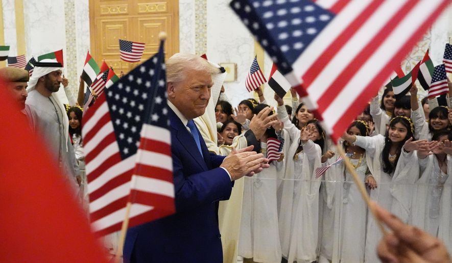 President Donald Trump and UAE President Mohammed bin Zayed Al Nahyan arrive at Qasr Al Watan, Thursday, May 15, 2025, in Abu Dhabi, United Arab Emirates. (AP Photo/Alex Brandon)