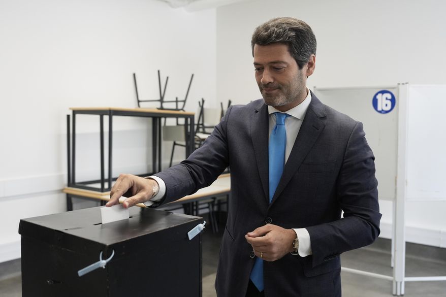 Andre Ventura, leader of the populist right-wing party Chega casts his ballot in Portugal's general election at polling station in Lisbon, Sunday, May 18, 2025. (AP Photo/Ana Brigida)