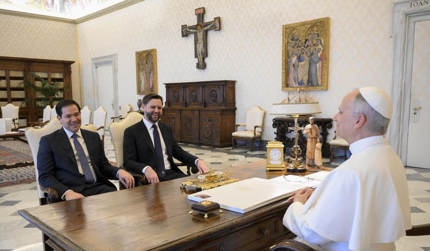 Pope Leo XIV meets with Vice President JD Vance, center, and Secretary of State Marco Rubio, left, on the occasion of their meeting at the Vatican, Monday, May 19, 2025. (Vatican Media via AP)