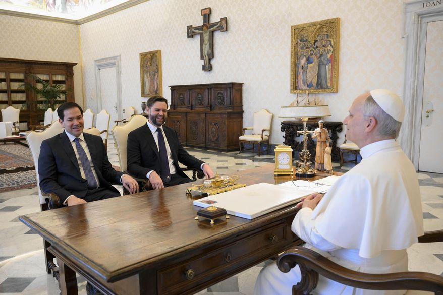 Pope Leo XIV meets with Vice President JD Vance, center, and Secretary of State Marco Rubio, left, on the occasion of their meeting at the Vatican, Monday, May 19, 2025. (Vatican Media via AP)