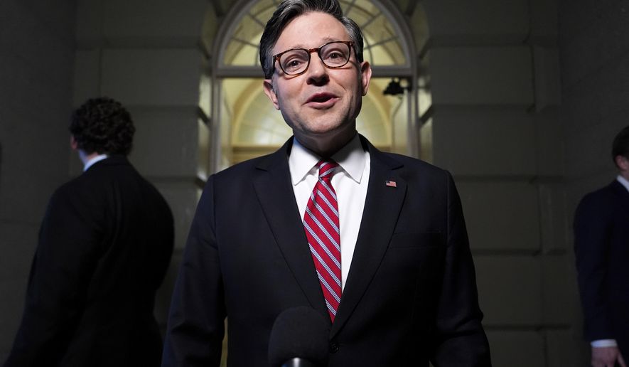 Speaker of the House Mike Johnson, R-La., speaks to reporters before a House Republican conference meeting, Tuesday, May 20, 2025, at the U.S. Capitol in Washington. (AP Photo/Julia Demaree Nikhinson)