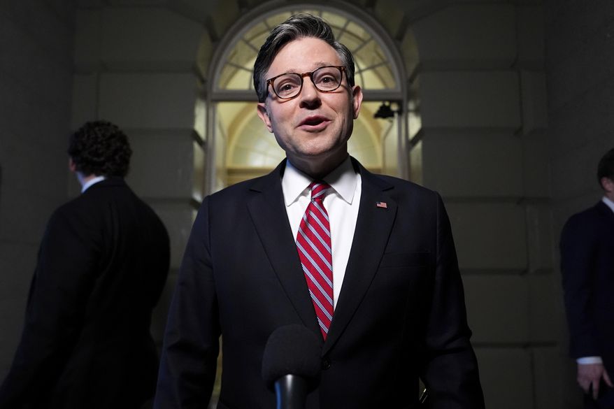 Speaker of the House Mike Johnson, R-La., speaks to reporters before a House Republican conference meeting, Tuesday, May 20, 2025, at the U.S. Capitol in Washington. (AP Photo/Julia Demaree Nikhinson)