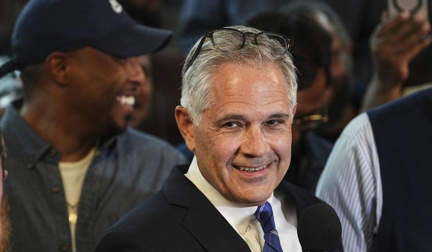 Democratic Philadelphia District Attorney Larry Krasner speaks during a primary election night event in Philadelphia, Tuesday, May 20, 2025. (AP Photo/Matt Rourke)