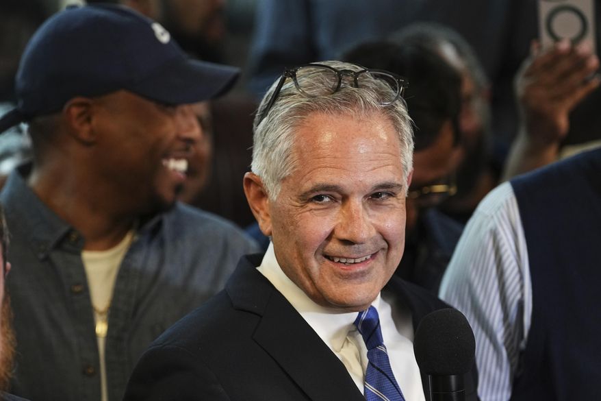 Democratic Philadelphia District Attorney Larry Krasner speaks during a primary election night event in Philadelphia, Tuesday, May 20, 2025. (AP Photo/Matt Rourke)