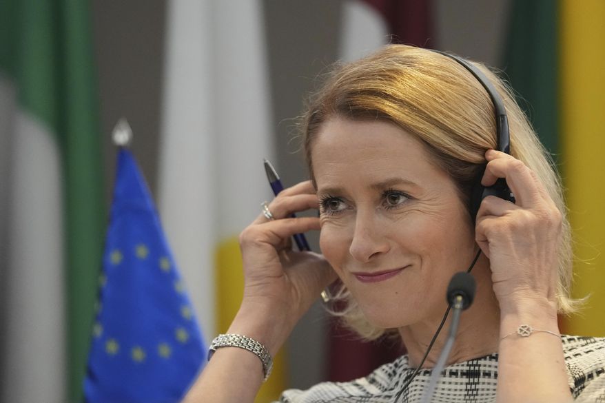 European Union foreign policy chief Kaja Kallas listens to a question during a press conference after talks with Serbia's top officials in Belgrade, Serbia, Thursday, May 22, 2025. (AP Photo/Darko Vojinovic)