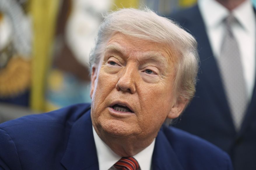 President Donald Trump speaks to reporters after signing executive orders regarding nuclear energy in the Oval Office of the White House, Friday, May 23, 2025, in Washington. (AP Photo/Evan Vucci)