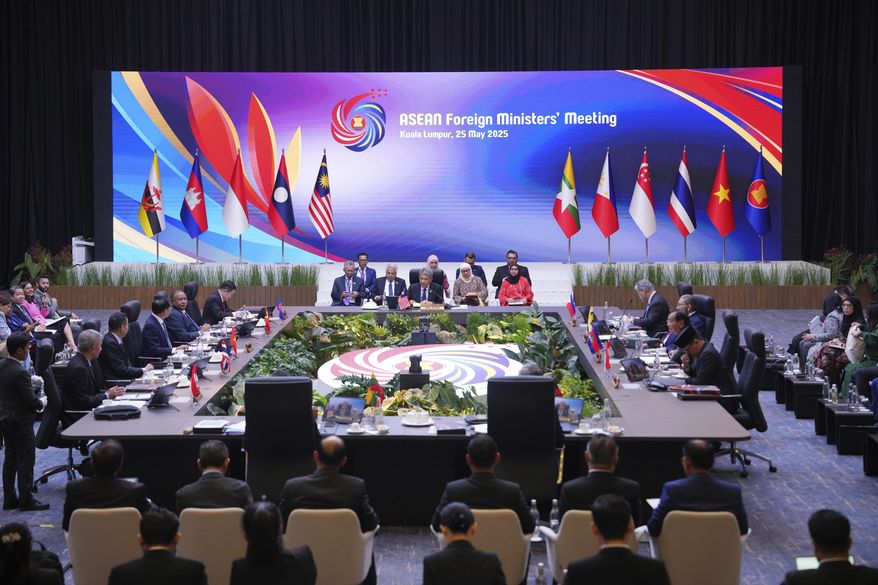 ASEAN Foreign Ministers attend the opening ceremony of the 46th Association of Southeast Asian Nations (ASEAN) Foreign Ministers' Meeting in Kuala Lumpur, Malaysia, Sunday, May 25, 2025.(AP Photo/Vincent Thian)