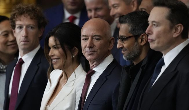 Guests including Mark Zuckerberg, Jeff Bezos, Sundar Pichai and Elon Musk, arrive before the 60th Presidential Inauguration in the Rotunda of the U.S. Capitol in Washington, Jan. 20, 2025. (AP Photo/Julia Demaree Nikhinson, Pool) **FILE**