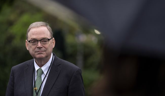 White House economic adviser Kevin Hassett speaks with reporters outside the White House in Washington on Friday, May 9, 2025. (AP Photo/Mark Schiefelbein) **FILE**