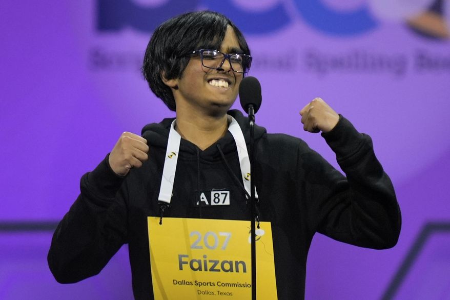 Faizan Zaki, 13, of Allen, Texas, a suburb of Dallas, reacts as he wins the 2025 Scripps National Spelling Bee, Thursday, May 29, 2025, in Oxon Hill, Md. (AP Photo/Julia Demaree Nikhinson)