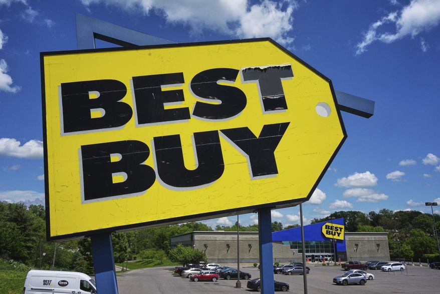 FILE - This is a sign outside a Best Buy store in Bethel Park, Pa., on Thursday, May 15, 2025. (AP Photo/Gene J. Puskar, file)
