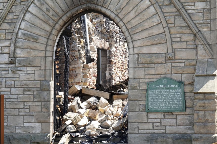 The historic Clayborn Temple, a landmark from the civil rights movement with ties to Martin Luther King Jr., is seen after it was set on fire, April 28, 2025, in Memphis, Tenn. (AP Photo/Karen Pulfer Focht, File)