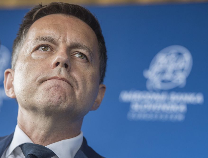 FILE - Slovakia's central bank (NBS) governor Peter Kazimir during a press conference on "Rebuilding Europe after the COVID-19 pandemic" in Bratislava, June 29, 2020. (Martin Baumann/TASR via AP, File)
