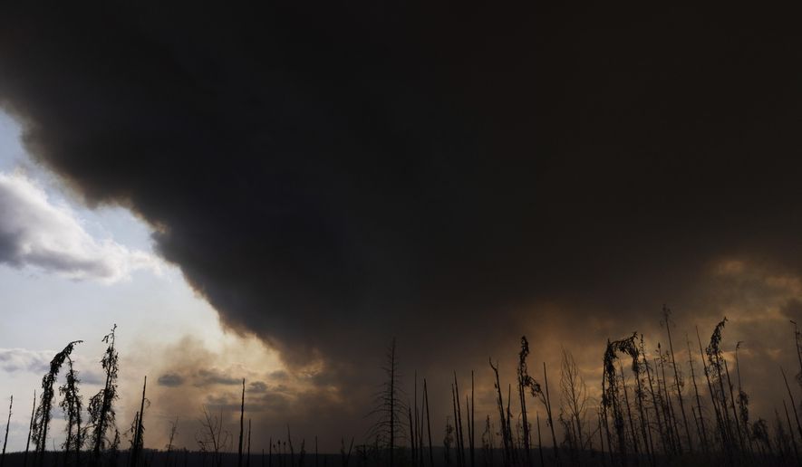 Wildfire smoke hangs in the air above Highway 97 north of Buckinghorse River, British Columbia, on Friday, May 30, 2025. (Nasuna Stuart-Ulin/The Canadian Press via AP)