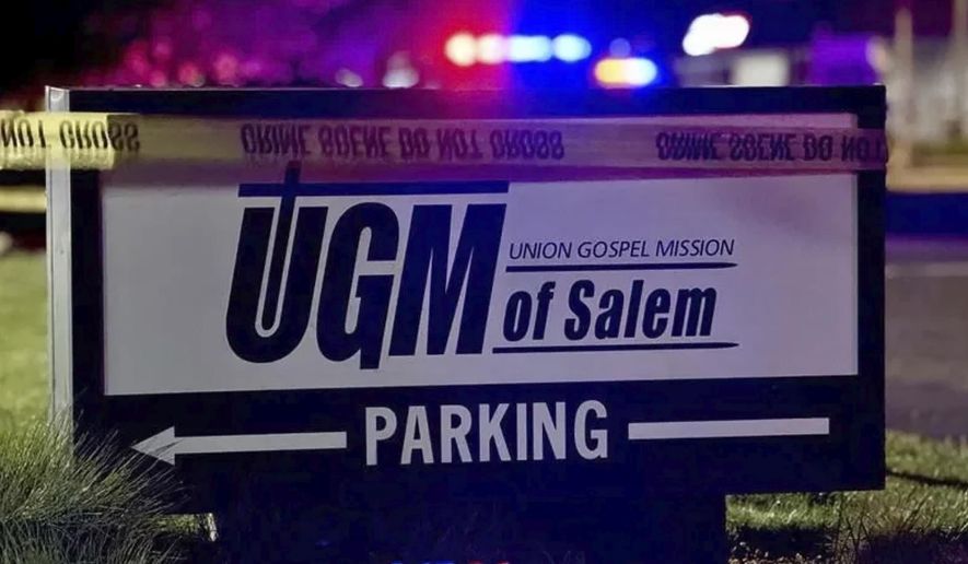 This image taken from video provided by KATU-TV shows an entrance to the Union Gospel Mission as police investigate a stabbing in Salem, Ore., June 1, 2025. (KATU-TV via AP)