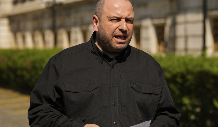 Ukrainian Defense Minister Rustem Umerov speaks to the media at the Ciragan Palace following the Ukraine-Russia peace talks in Istanbul, Turkey, Monday, June 2, 2025. (AP Photo/Emrah Gurel, File)