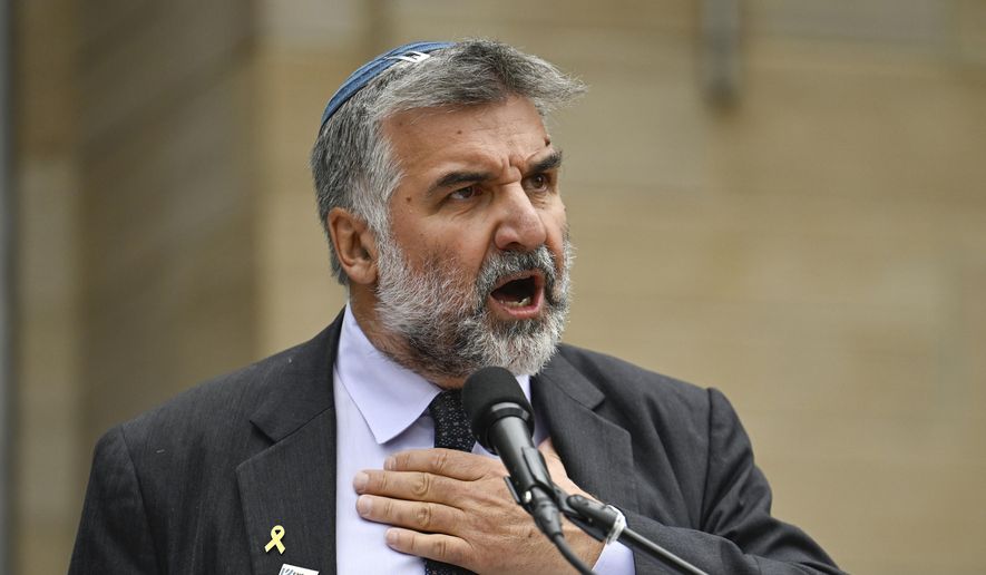Rabbi Marc Soloway speaks during an event outside the Boulder County Courthouse Wednesday. June 4, 2025, in Boulder, Colo. (Matthew Jonas/The Denver Post via AP) ** FILE **