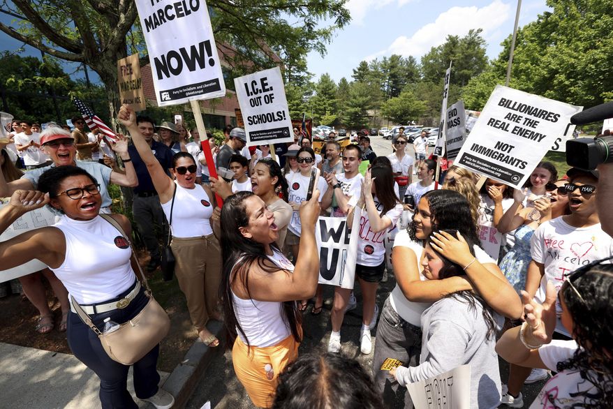 Supporters gather outside federal court in support of Marcelo Gomes da Silva, who was arrested on his way to volleyball practice last weekend, on Thursday, June 5, 2025 in Milford, Mass.(AP Photo/Mark Stockwell)