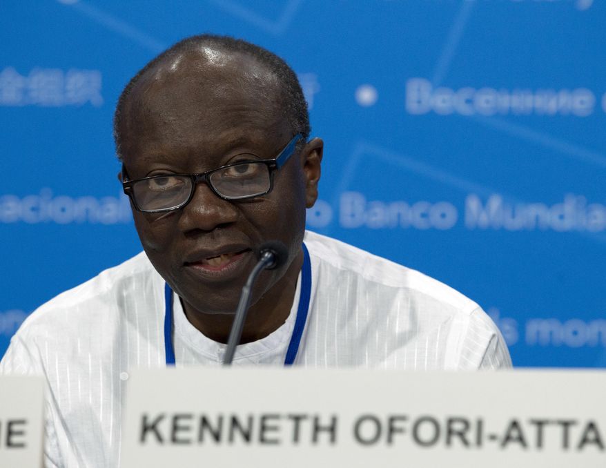 FILE - Ken Ofori-Atta, Ghana's then-finance minister, speaks during the G-24 news conference in Washington on April 19, 2018. ( AP Photo/Jose Luis Magana, File)
