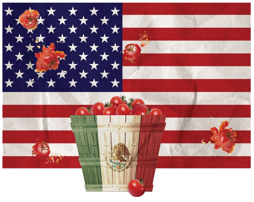 American farmers and Mexican tomato producers illustration by Alexander Hunter/The Washington Times